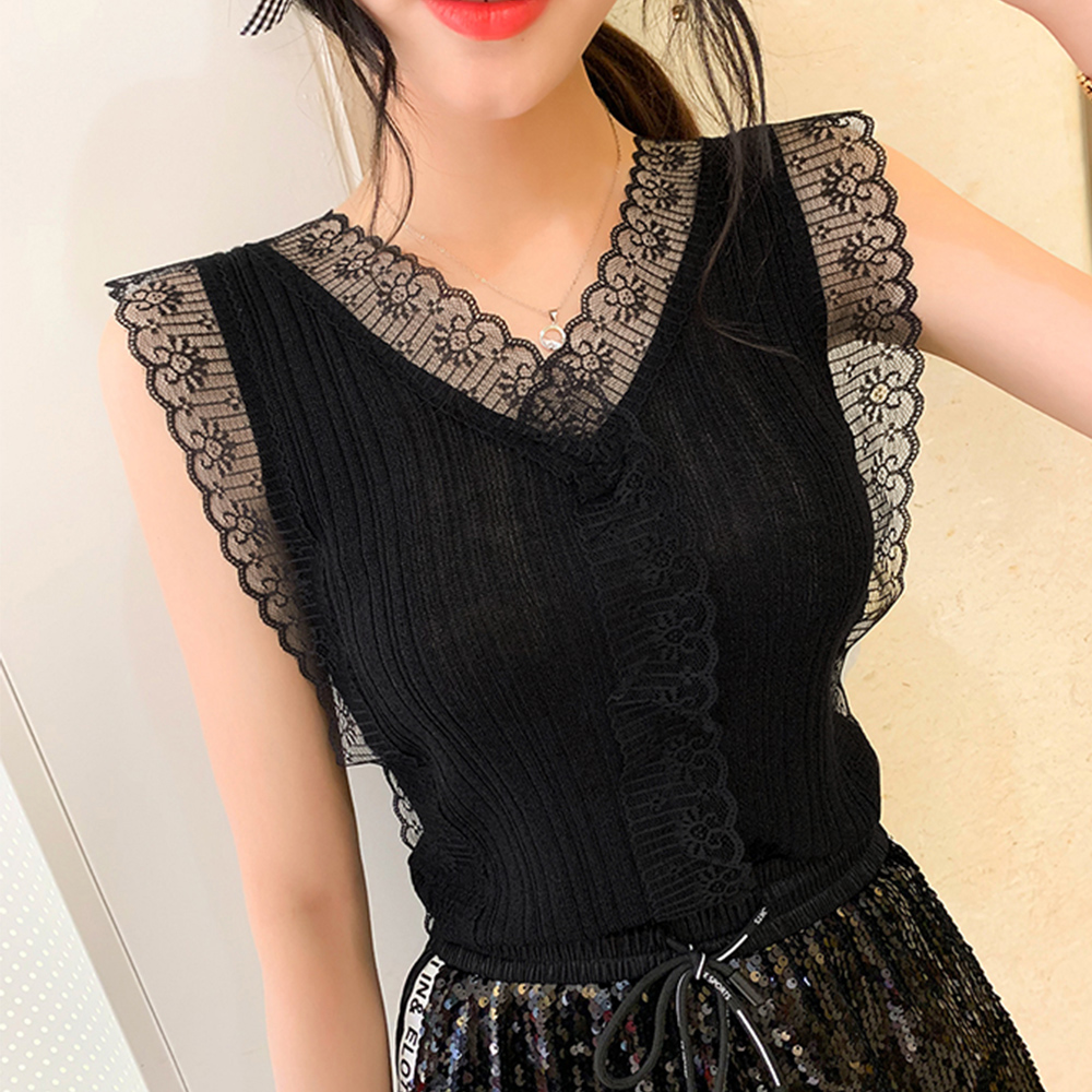 デート服 夏のデート映え レース縁取りVネックキャミソール