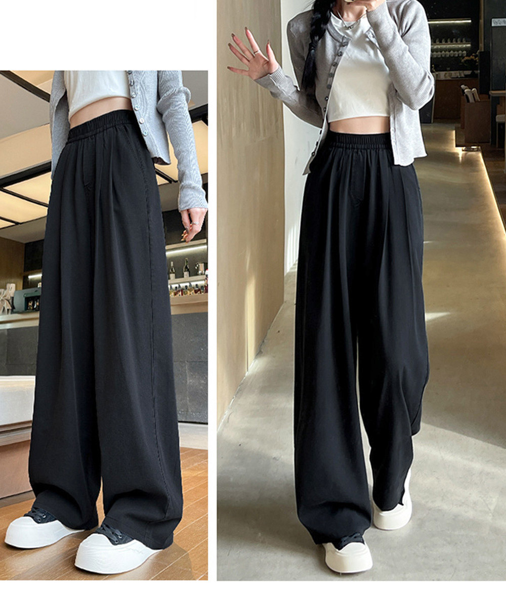 デート服 脚長効果抜群 タック入りデニム風ワイドズボン