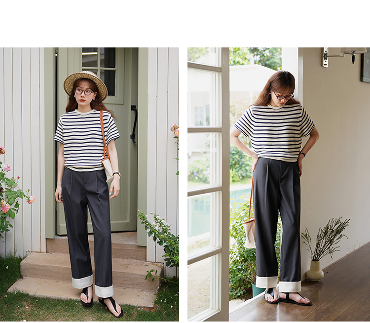 配色ロールヘム・タックパンツ｜デート服