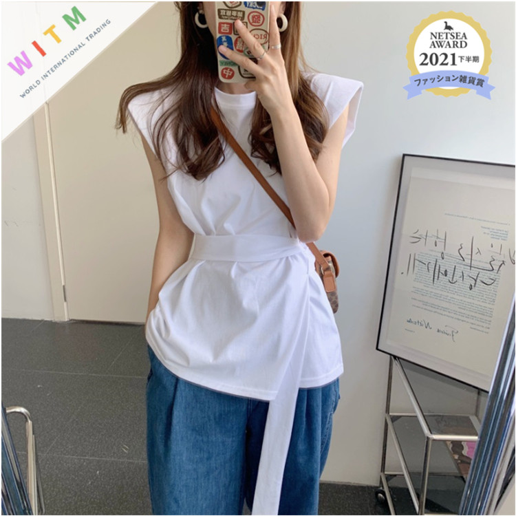 デート服 ベルト付き袖なし無地トップス レディース着回し