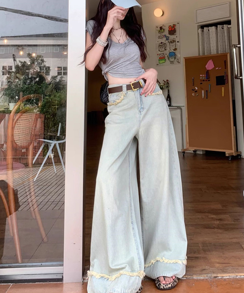デート服 フリンジ裾 ハイウエストデニムワイドパンツ