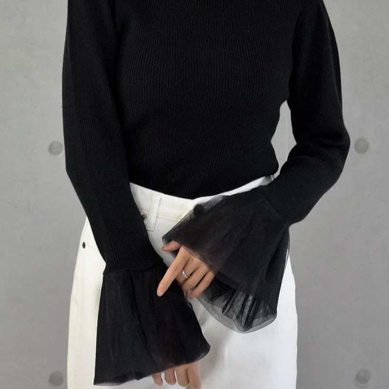 デート服 袖口シフォン切替リブニット長袖トップス3色