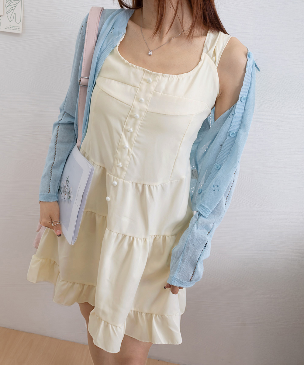デート服 フロントボタン ティアード ミニワンピース