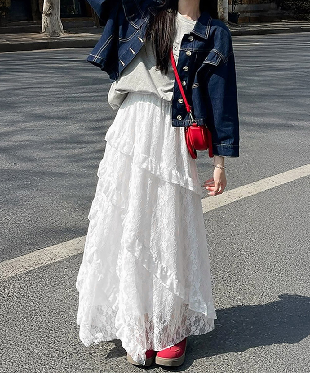 デート服 優美なレースティアードロングスカート