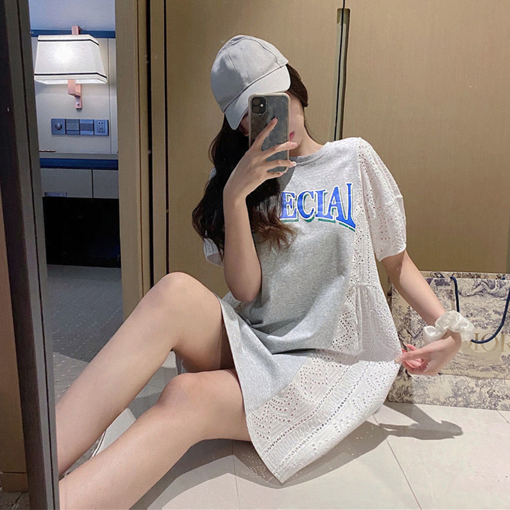 デート服 ぽわん袖レース切替ミニワンピース