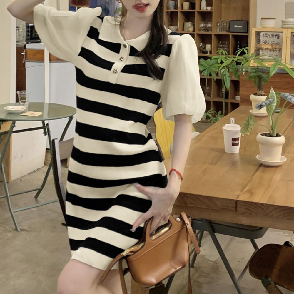 デート服 襟付きボーダーニットワンピース