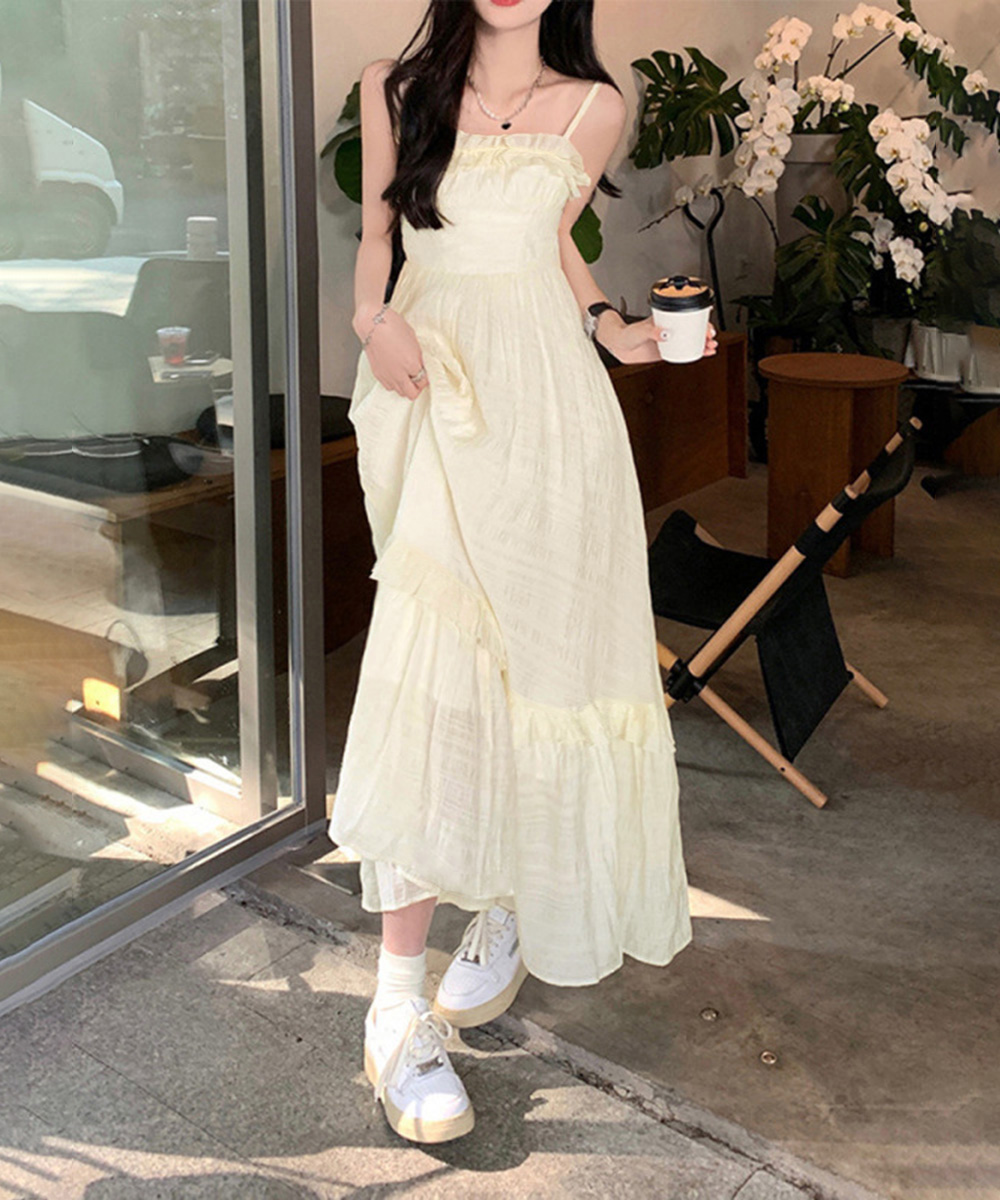 デート服 フリルティアード キャミロングワンピース