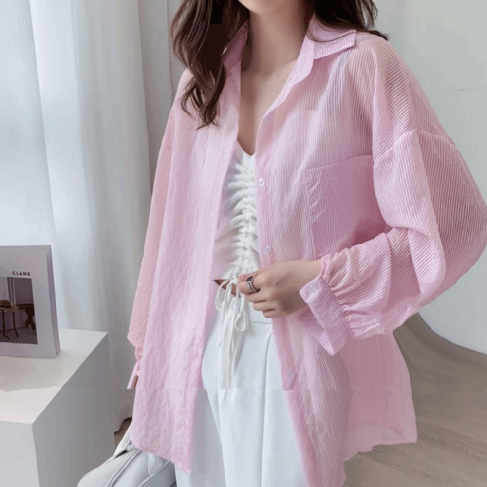 デート服 夏のデート用 透け感ストライプシアーシャツ