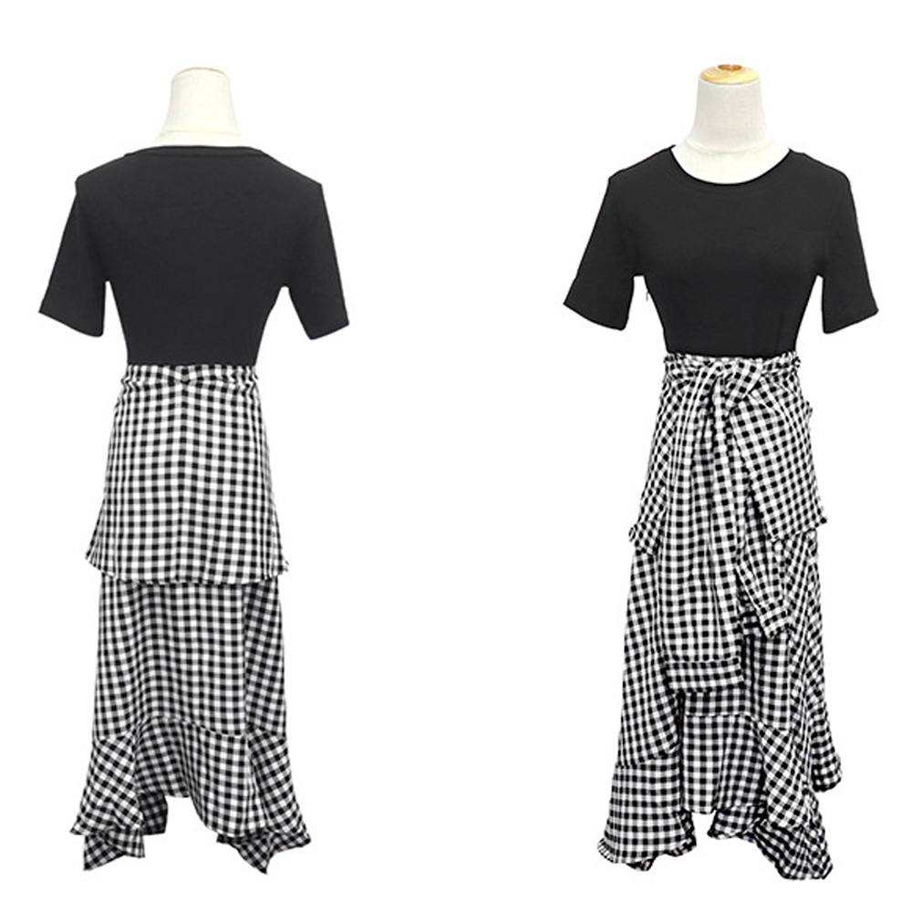 モノトーンチェック切替ワンピース 春夏デート服