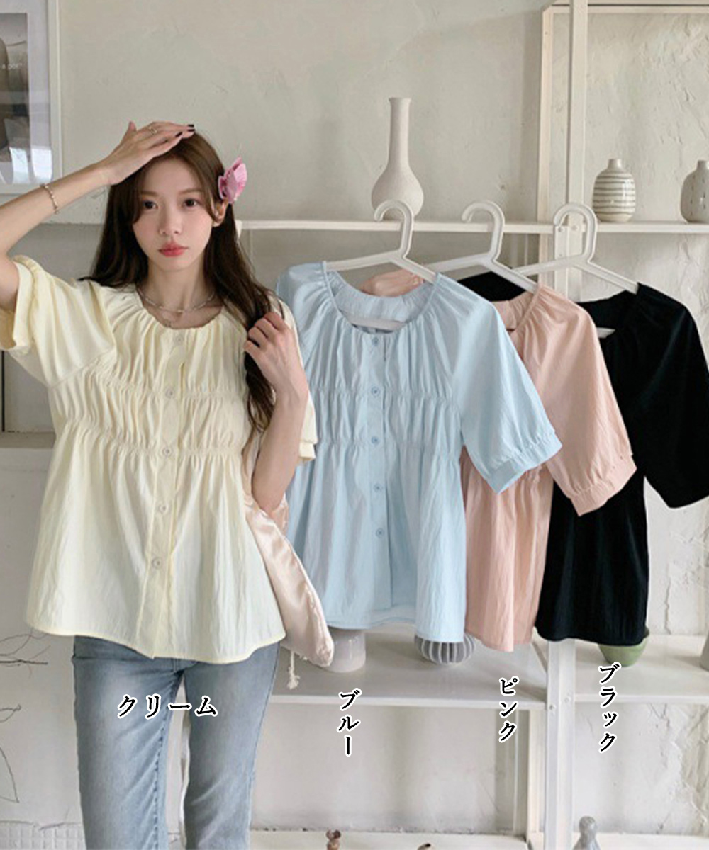 デート服 夏のデート向け シャーリングパフ袖ブラウス