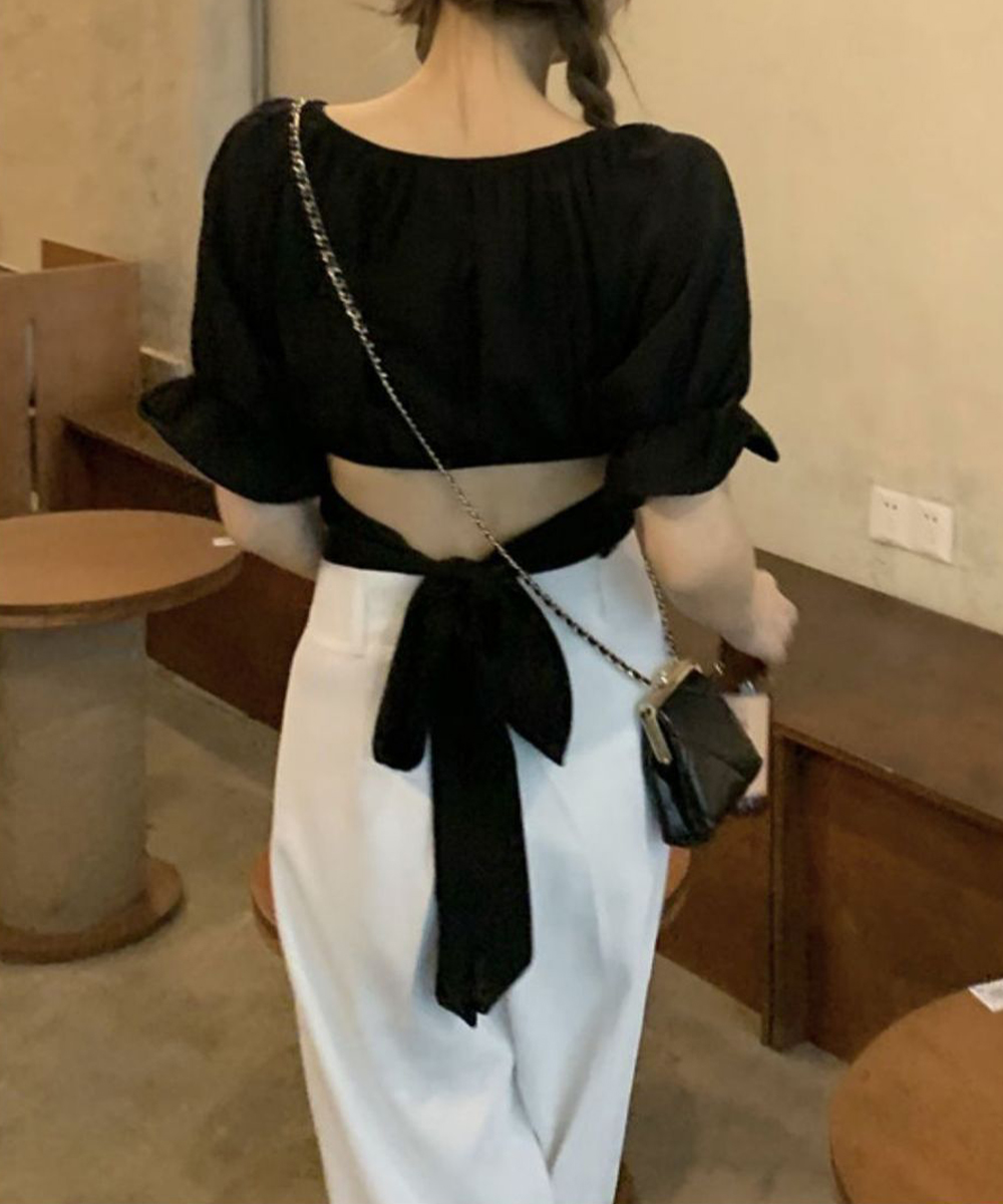 デート服 背中リボン付きオフショルダーブラウス