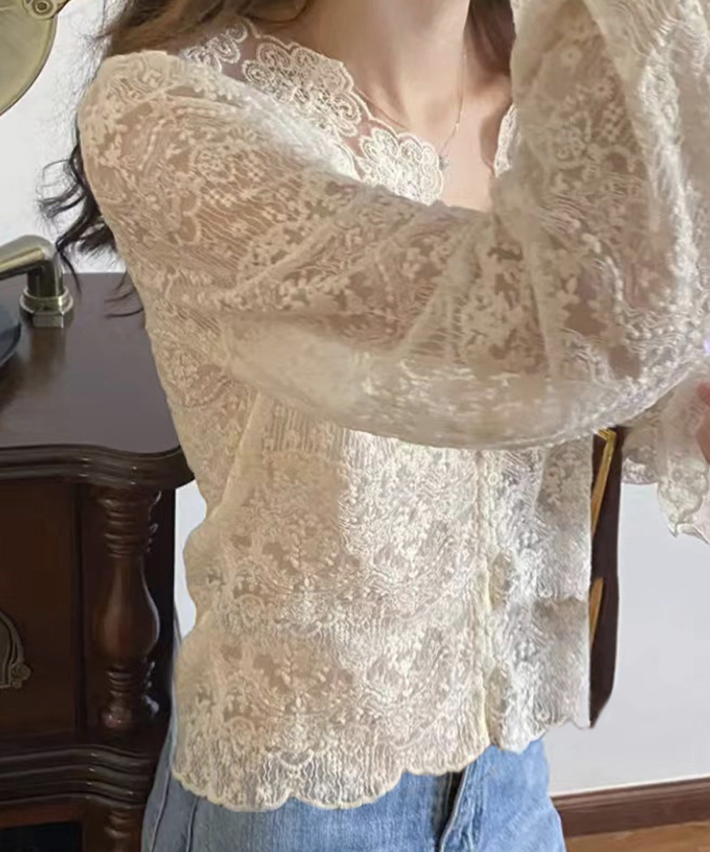 デート服 花柄総レースブラウス透け感長袖トップス