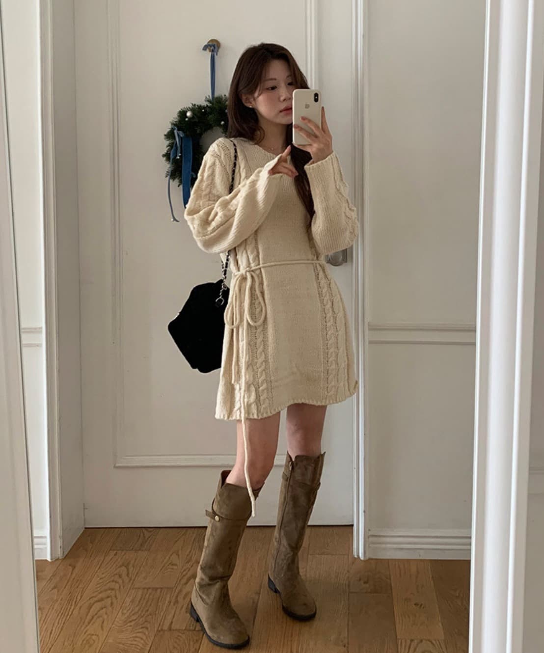 デート服 早春新作上品ケーブル編みニットワンピース