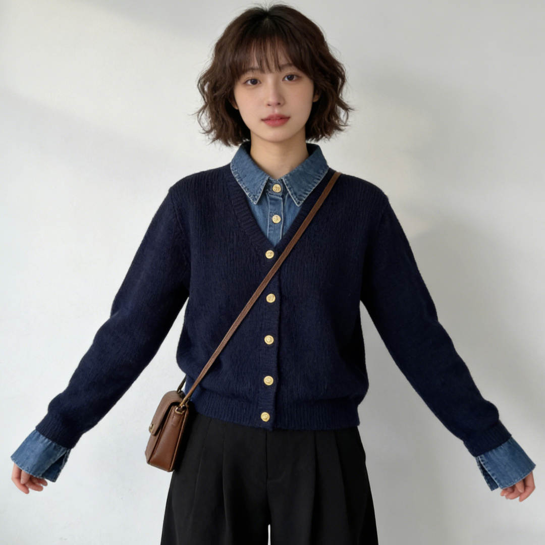 デート服 今季注目の重ね着風ニットカーディガン