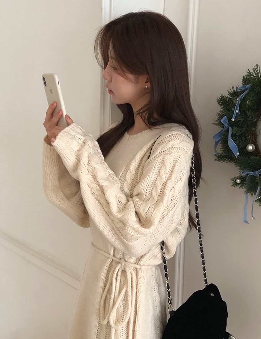 デート服 早春新作上品ケーブル編みニットワンピース