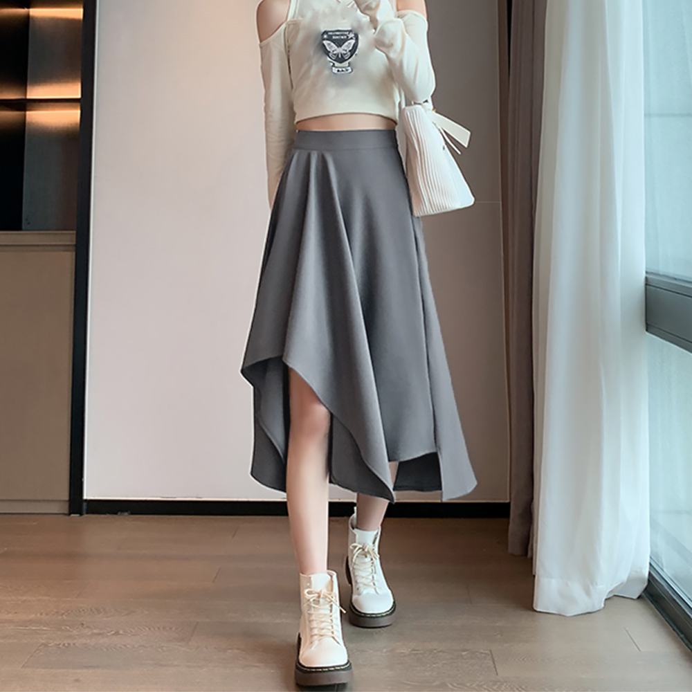 デート服 ハイウエスト変形ヘムスカート 韓国風膝下丈