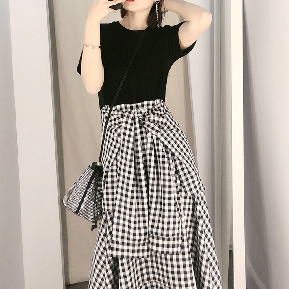 モノトーンチェック切替ワンピース 春夏デート服