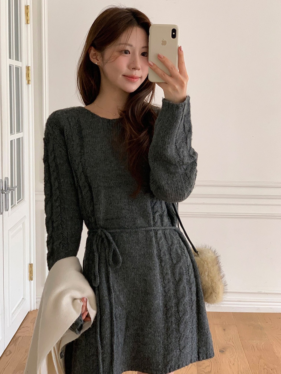 デート服 韓国風ケーブル編みニットワンピース