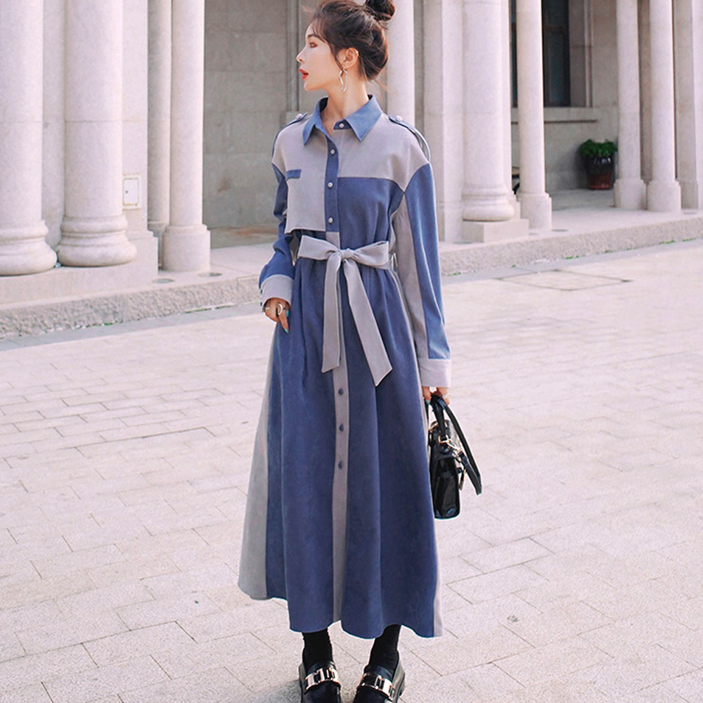 デート服 バイカラー ウエストリボン ロングシャツワンピース