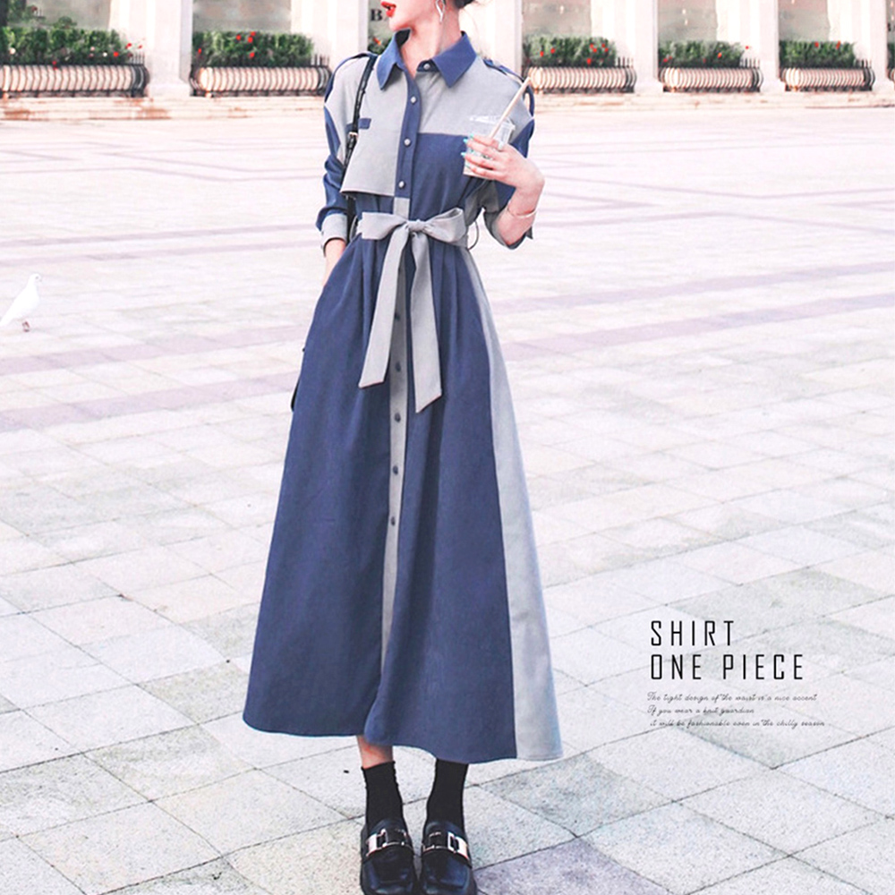 デート服 バイカラー ウエストリボン ロングシャツワンピース