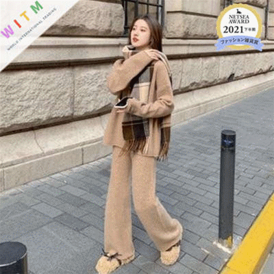 デート服 韓国風ニットセーター ワイドパンツ セットアップ 体型カバー 長袖 厚手
