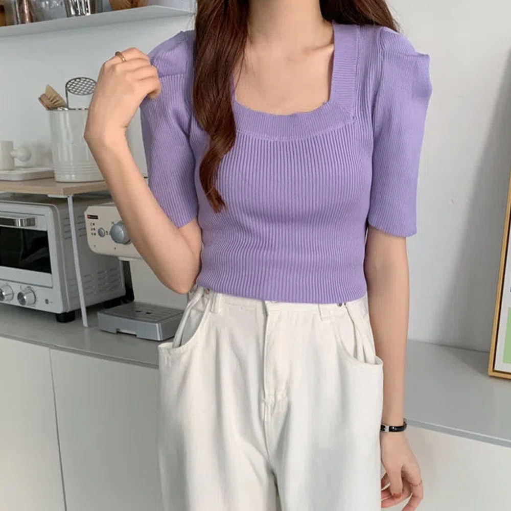 デート服 夏デート映えスクエアネックリブニット