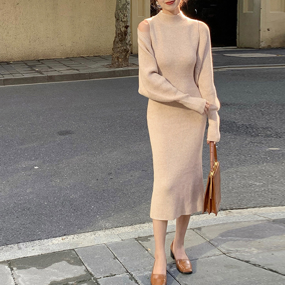 デート服 上品バックスリット ニットワンピース アンサンブル