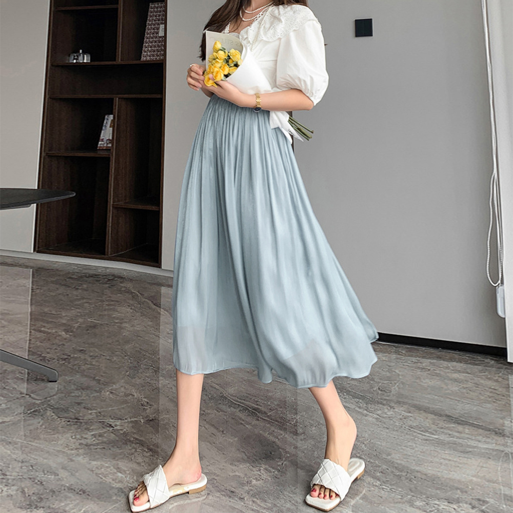デート服 光沢感たっぷり サテン風フレアロングスカート