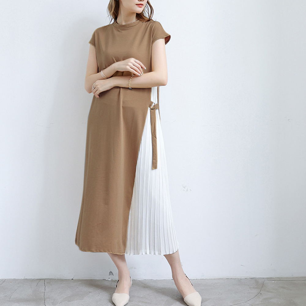 デート服 サイドプリーツ切替 半袖ロングワンピース 夏