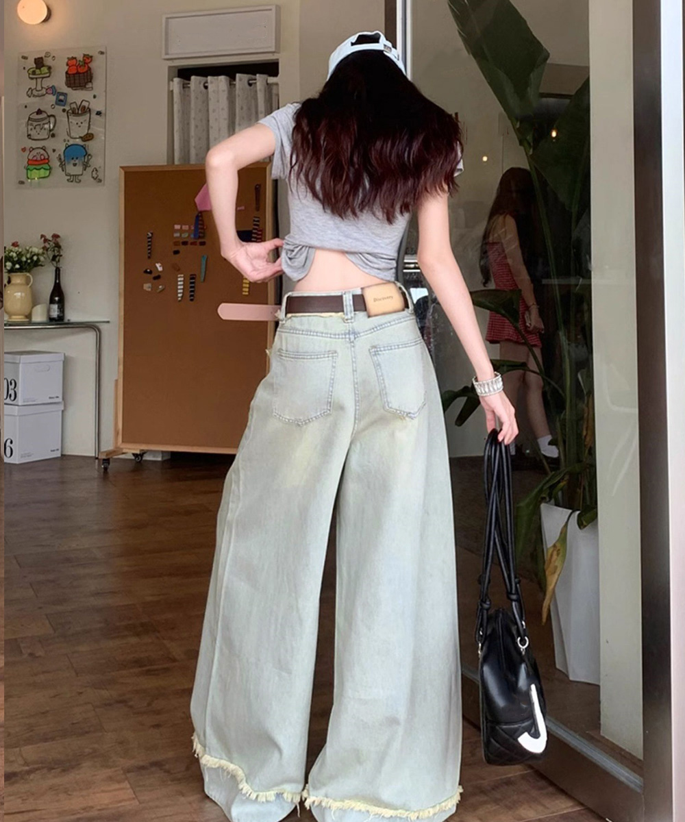デート服 フリンジ裾 ハイウエストデニムワイドパンツ