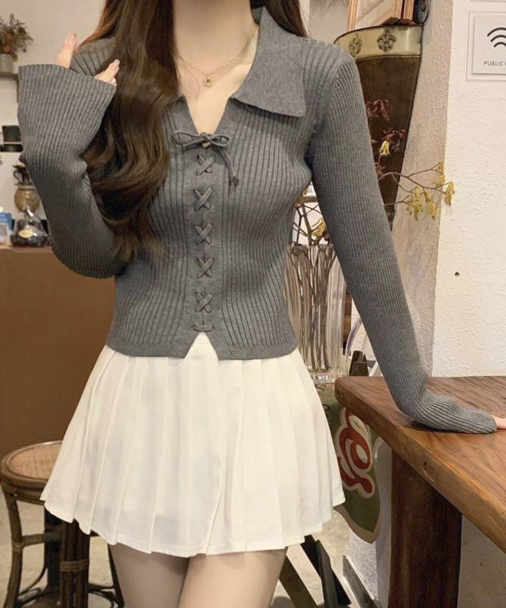 デート服 編み上げリブニットトップス 襟付き長袖