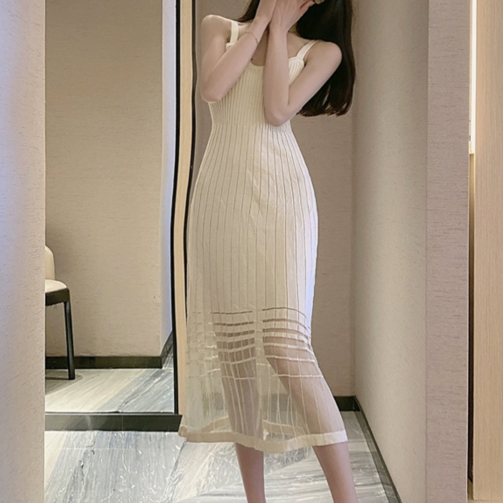 デート服 裾シースルー キャミニットワンピース 夏