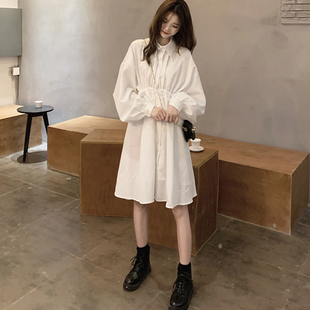 デート服 ウエストマーク シャツワンピース 長袖