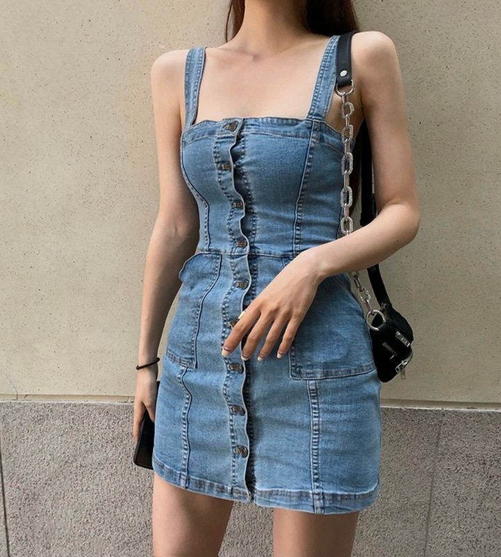 デニムワンピース 前ボタンデザインデニムキャミワンピース