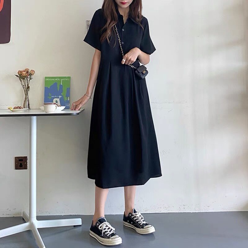 襟付き半袖フレアデニムワンピースロング