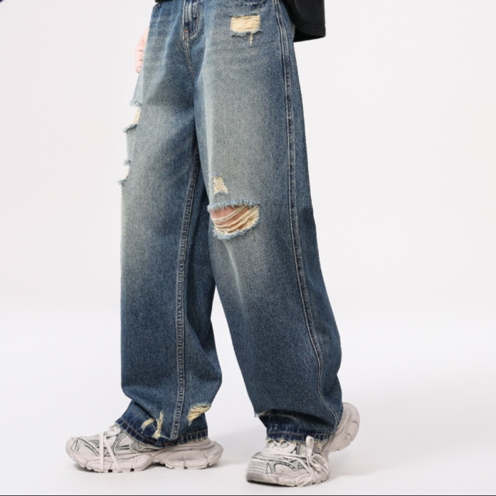 ダメージジーンズ ゆったりダメージ加工デニムパンツ