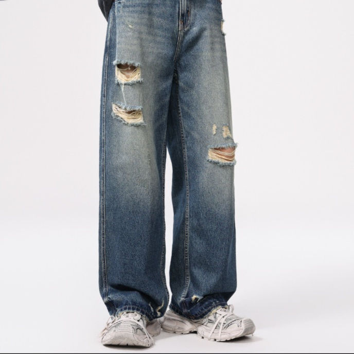 ダメージジーンズ ゆったりダメージ加工デニムパンツ