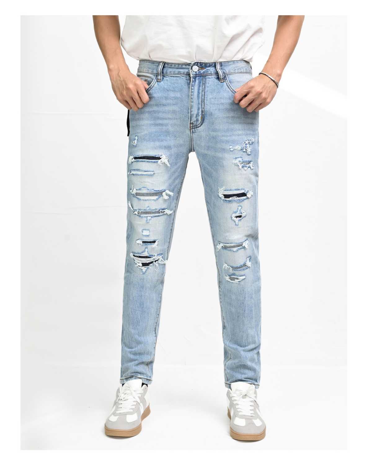 ダメージジーンズ ビンテージ加工クラッシュストレートデニム