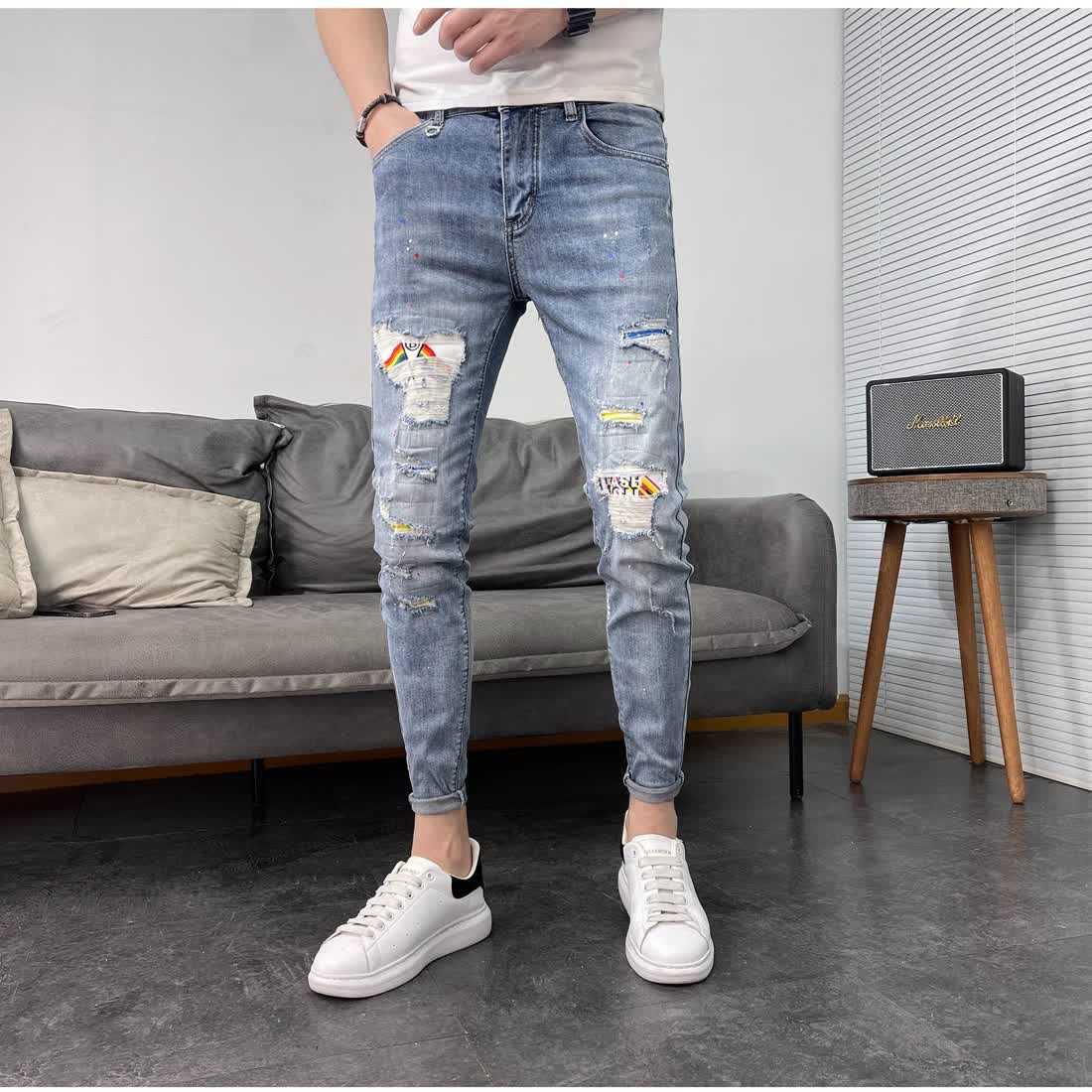 ダメージジーンズ クラッシュ加工ユーズド風デニムパンツ