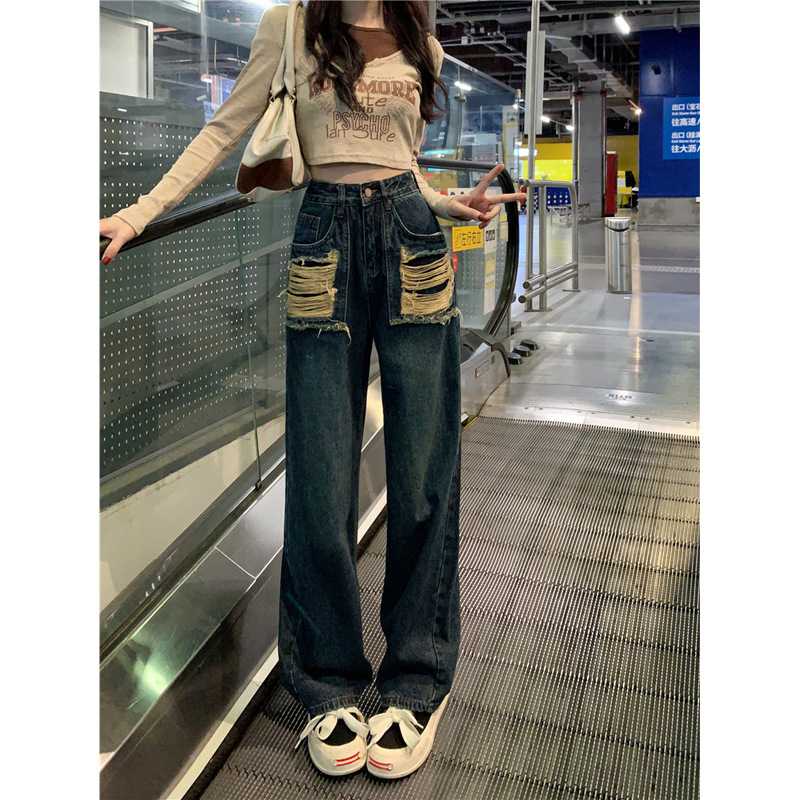ダメージジーンズ ポケットダメージ ウエストハイ デニムパンツ