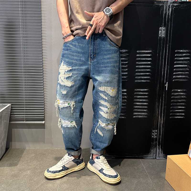 ダメージジーンズ ゆったりシルエット ダメージ加工デニム