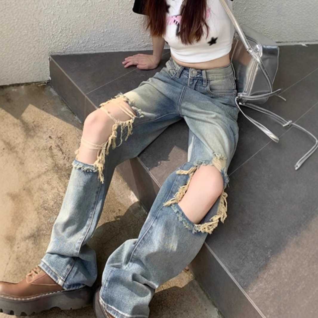 ダメージジーンズ 大胆ダメージワイドデニムパンツ