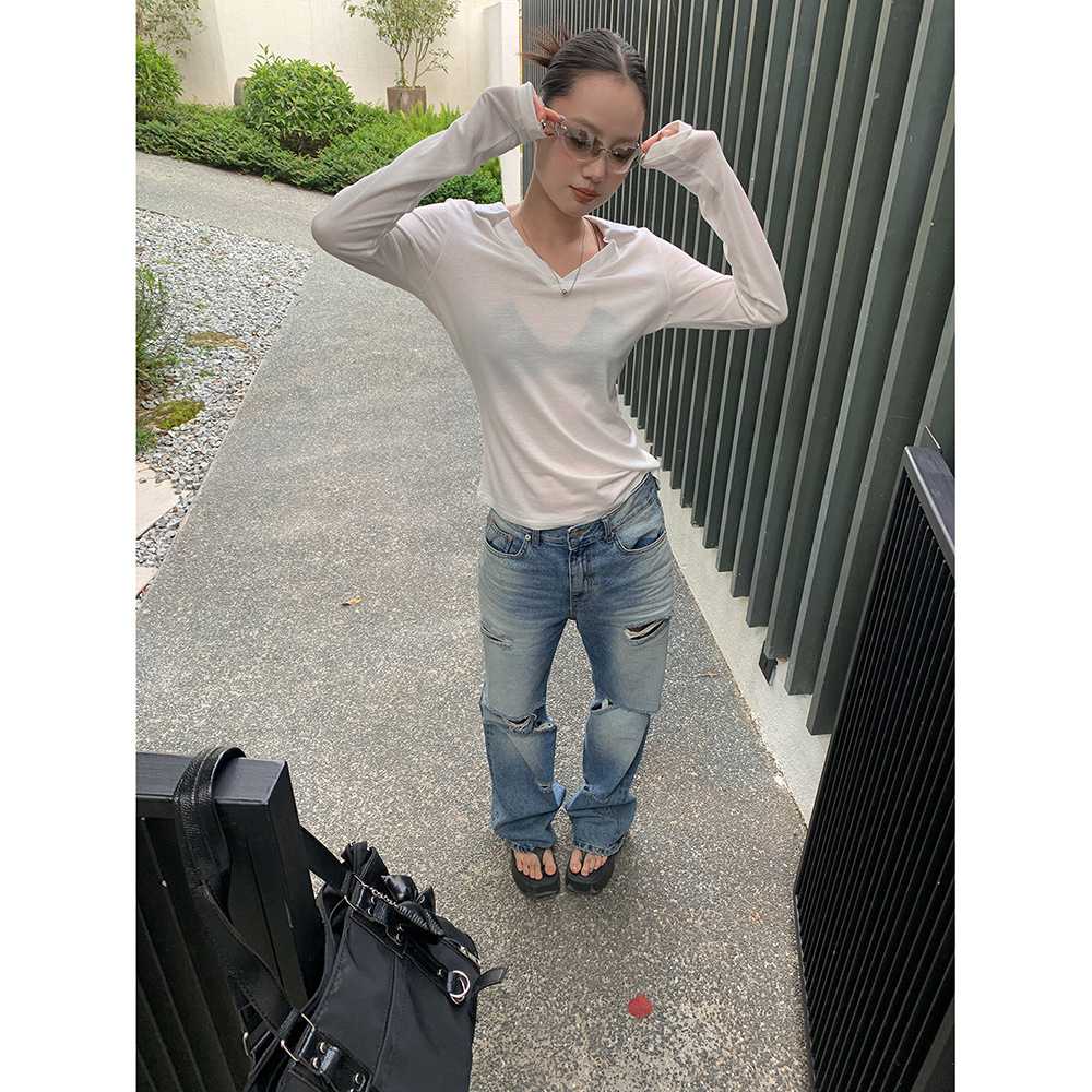 ダメージジーンズ ヴィンテージ加工クラッシュストレートデニム