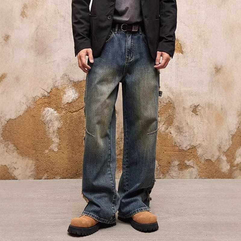 ダメージジーンズ ビンテージ加工ダメージストレートデニム