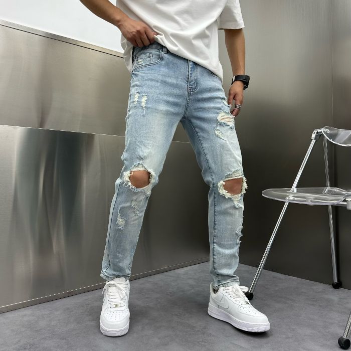 ダメージジーンズ クラッシュ加工 ストレートデニムパンツ