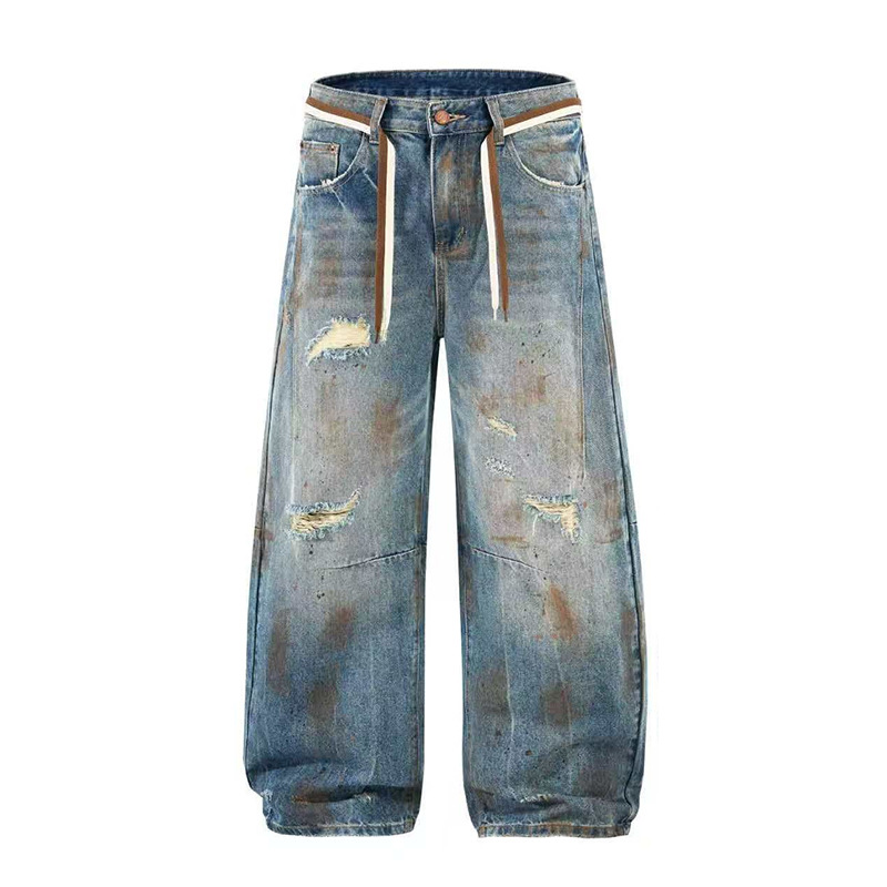 ダメージジーンズ ワイドシルエット スラッシュ加工 デニムパンツ