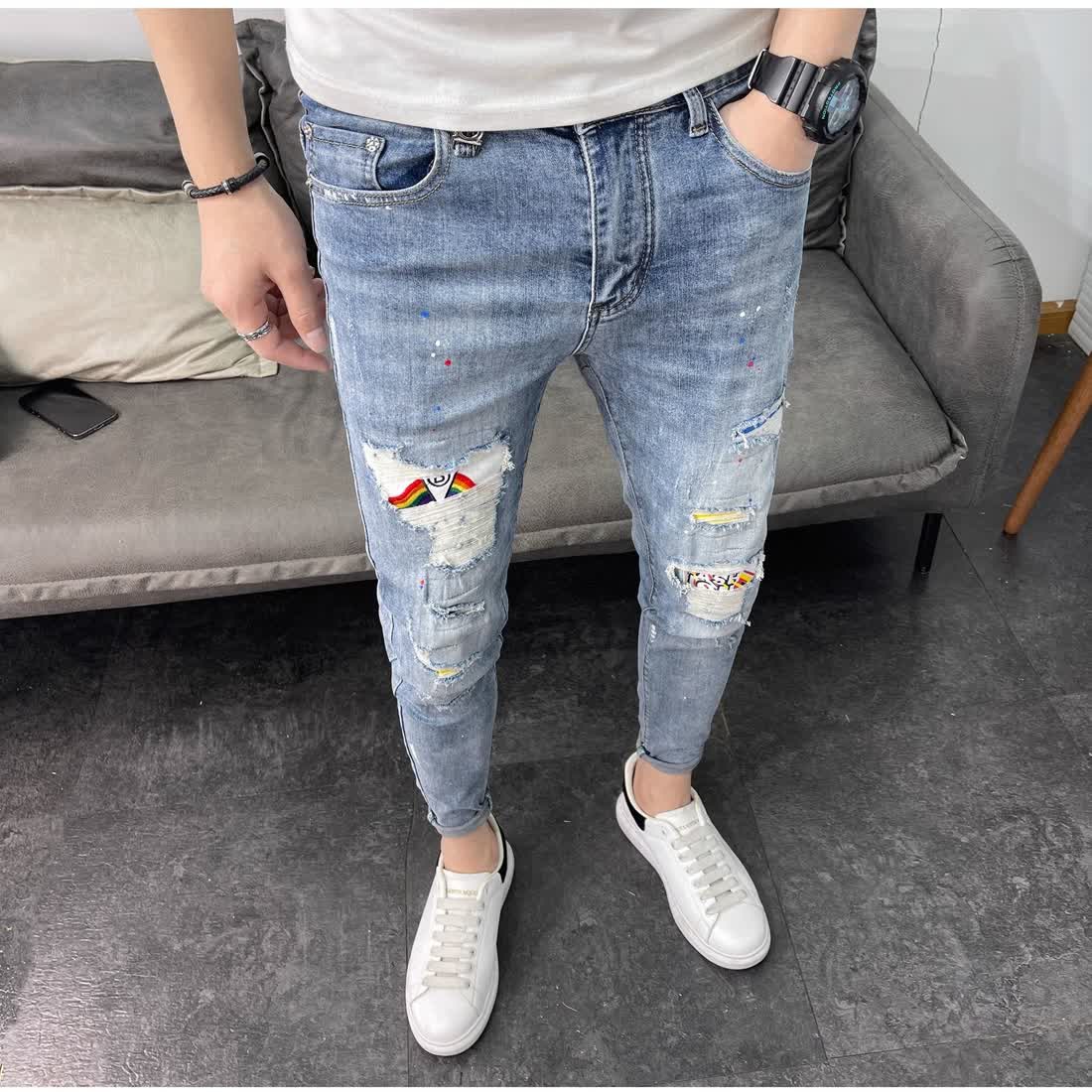 ダメージジーンズ クラッシュ加工ユーズド風デニムパンツ