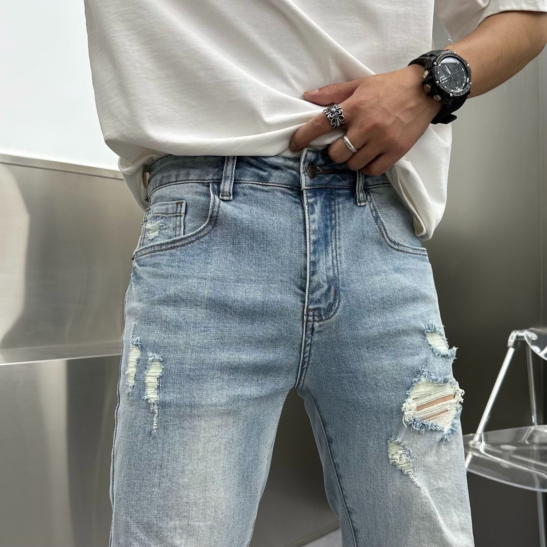ダメージジーンズ クラッシュ加工 ストレートデニムパンツ
