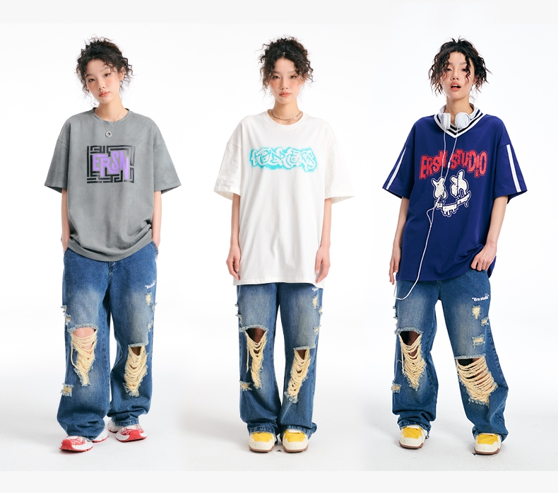 ヴィンテージ加工ストレートダメージジーンズ