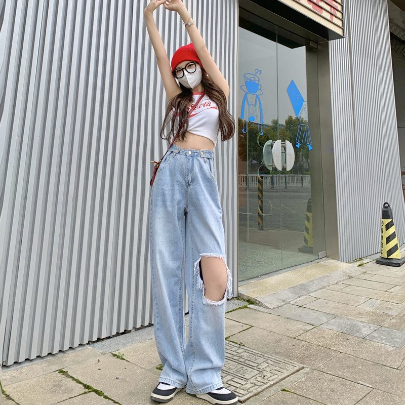 ダメージジーンズ ゆったりダメージワイドデニムパンツ